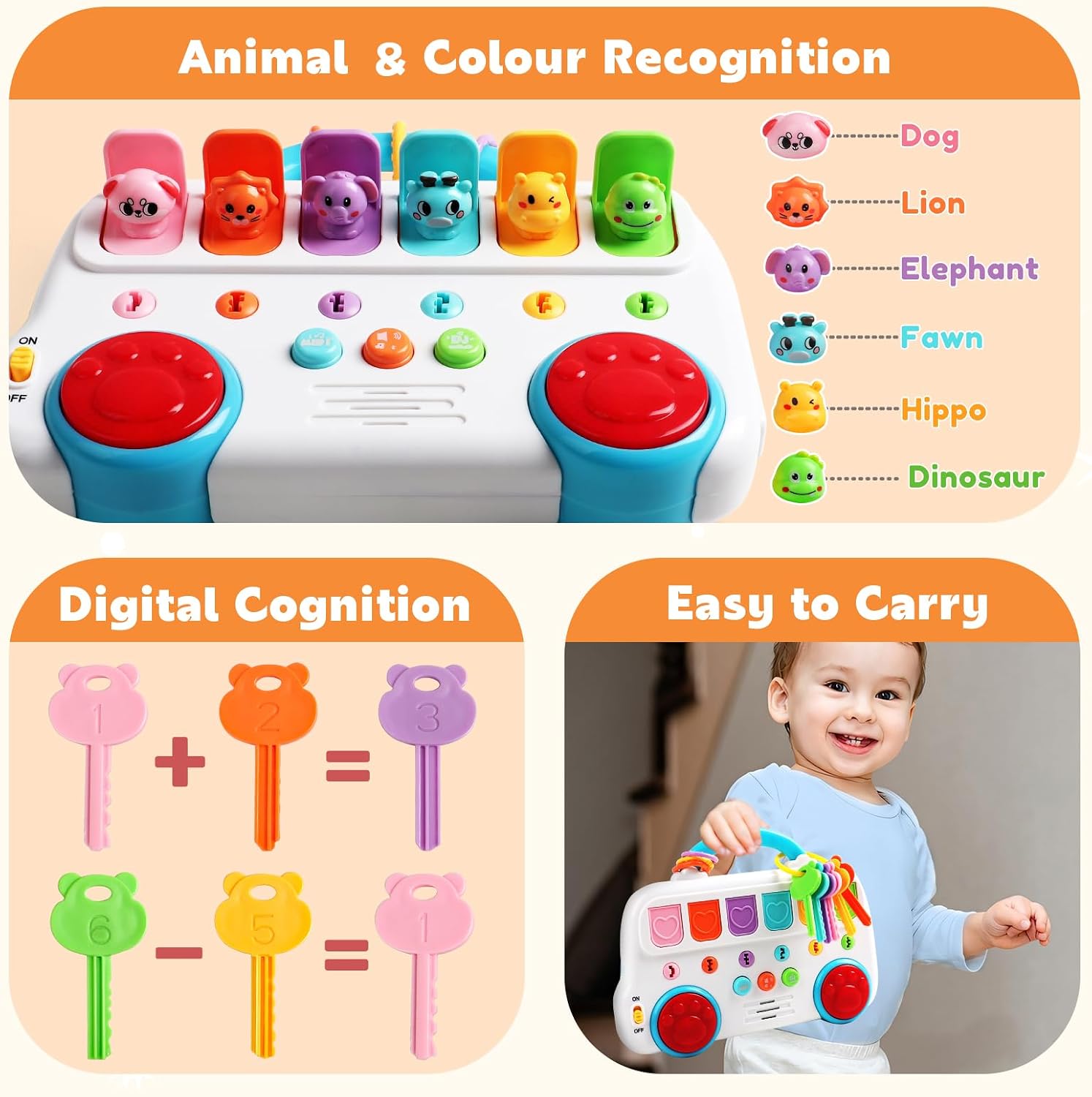 Fidtoy Interactive Pop Up Animal Sound Color Recognition Key Set with Music Lights for Toddlers