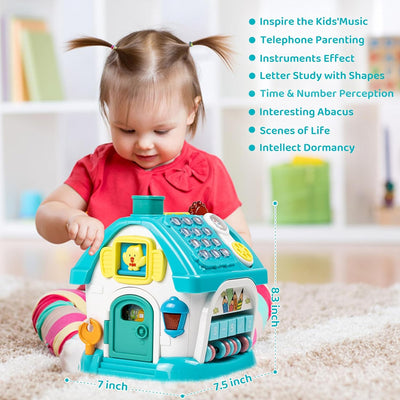 Fidtoy Dreaming Party Musical House Toddler Learning Toy 8-in-1 Musical Activity House with Piano, Clock, Phone, Animal Windows, Car, Shapes and Numbers