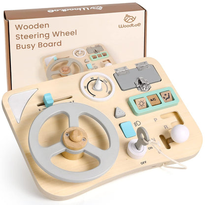 Woodtoe Busy Board for Toddlers, Montessori Steering Wheel Driving Toy, Wooden Sensory Toys, Preschool Learning Activities for Fine Motor Skills Travel, Educational Learning Toy for Kids 3-6 Years Old