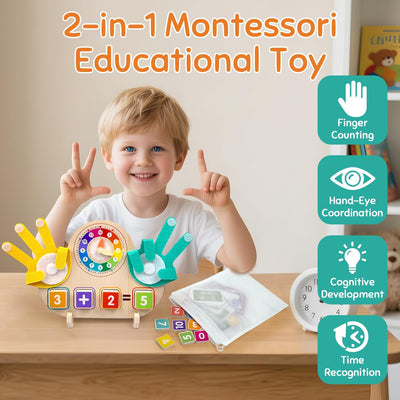 Montessori Math & Clock Learning Toy for Kids Ages 3-5, Wooden Educational Toy with Number Blocks, Counting Hands & Routine Cards – Learn Addition