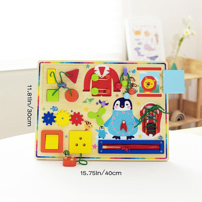 Fidtoy 11 in 1 Montessori Busy Board Toy for Toddlers Wooden Sensory Activity Board with Zippers Buttons Gears Fine Motor Skills Travel Quiet Toy Gift