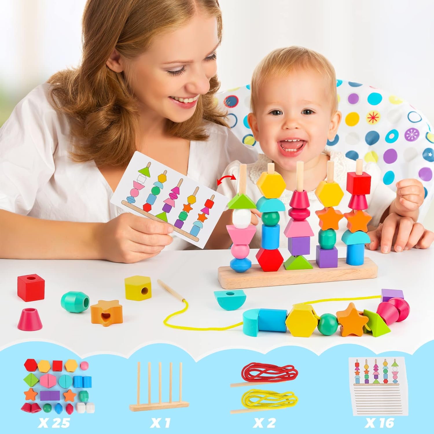 Fidtoy Wooden Blocks and Beads Learning Toy for Toddlers