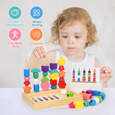 Fidtoy Montessori Shape Matching Game Wooden Sequencing and Threading Toy for Toddlers