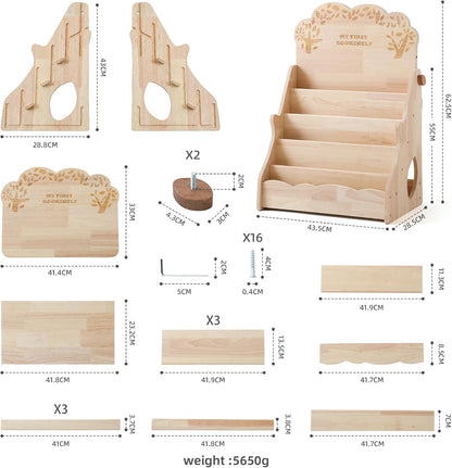 WOODEN TEETHER 5-Tier Montessori Bookshelf for Kids - Durable Rubber Wood Bookcase with Chalkboard & Storage - Display Rack for Nursery & Kids Room