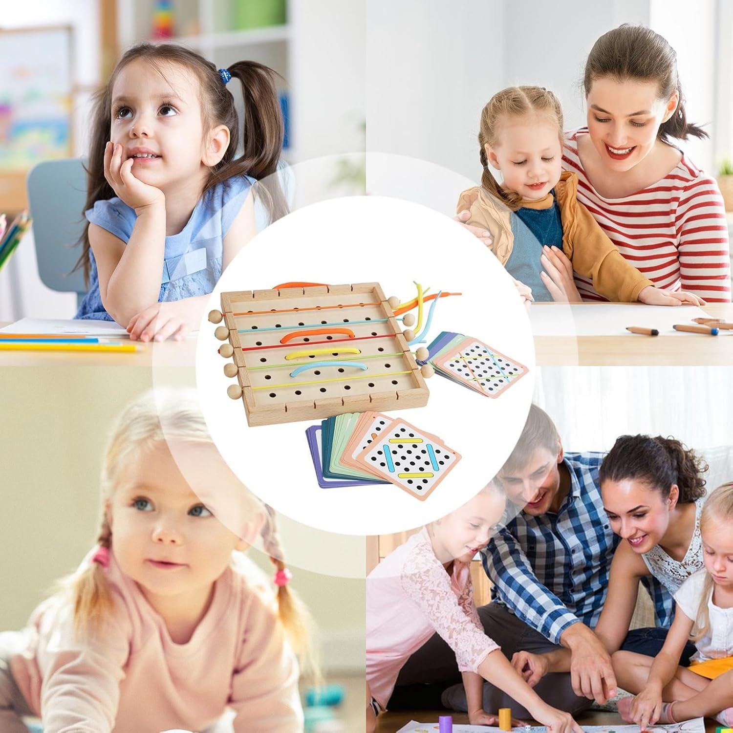 Juguete para cordones para niños pequeños,Juguetes para enhebrar para niños pequeños,Divertida tabla para enhebrar y tirar de cuerdas, 40 tarjetas de aprendizaje, 6 hilos de colores | Los rompecabezas