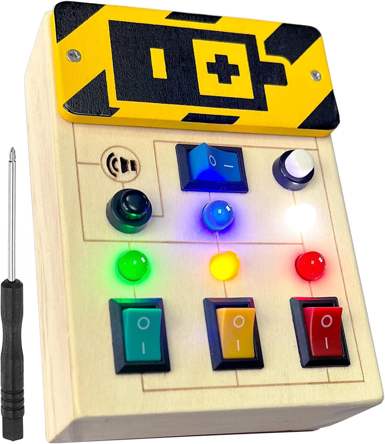 TEUVO LED Light Switch Busy Board for Toddler with Sound Montessori Wooden Sensory Travel Toys with Button Keep Kid Busy Gifts for Boy Girls Aged 3+