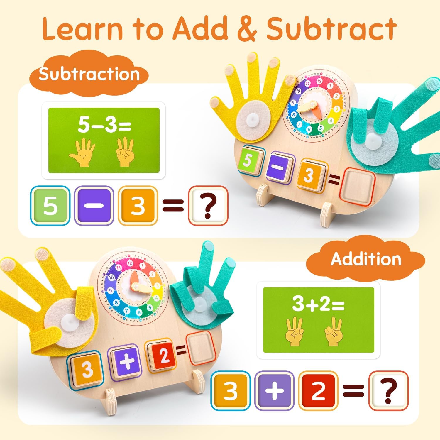 Montessori Math & Clock Learning Toy for Kids Ages 3-5, Wooden Educational Toy with Number Blocks, Counting Hands & Routine Cards – Learn Addition
