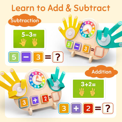 Montessori Math & Clock Learning Toy for Kids Ages 3-5, Wooden Educational Toy with Number Blocks, Counting Hands & Routine Cards – Learn Addition