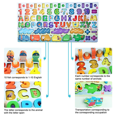 PATPAT® Wooden Number Puzzles for Kids, Fishing Game Educational Toys for Babies Montessori Toys for Toddlers Number Vehicles Fruits Animals Sorter Game for 1-5 Year Toddlers