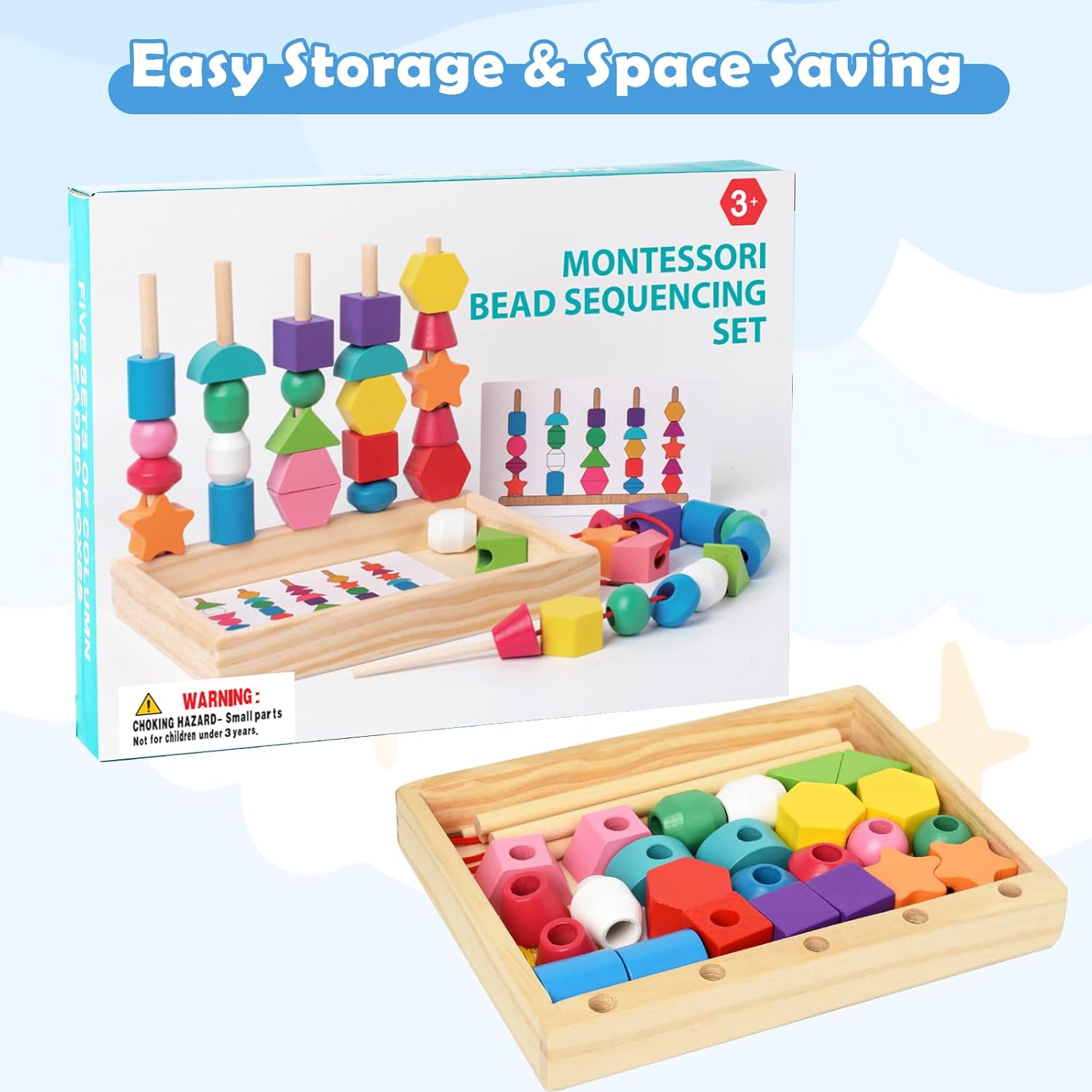 Fidtoy Montessori Shape Matching Game Wooden Sequencing and Threading Toy for Toddlers