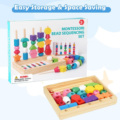 Fidtoy Montessori Shape Matching Game Wooden Sequencing and Threading Toy for Toddlers