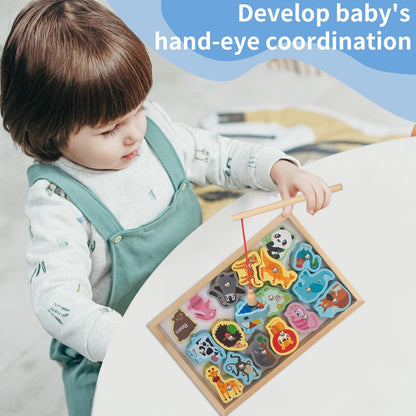 Wooden Fishing Game Toys,Safe and Harmless Magnetic 2-in-1 Fishing Game - Montessori Fishing Game No Sharp Edge Birthday Christmas Gift for Boys Girls Hiyoyo