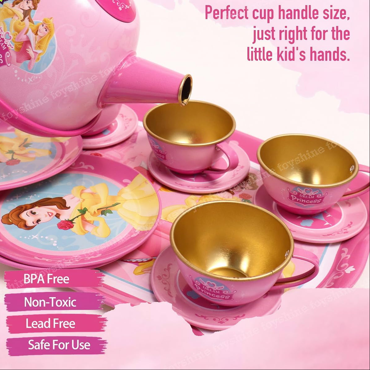 Fidtoy Metal Tea Party Set for Kids Pink Pretend Play Kitchen Tea Set with Teapot Cups Saucers and Tray