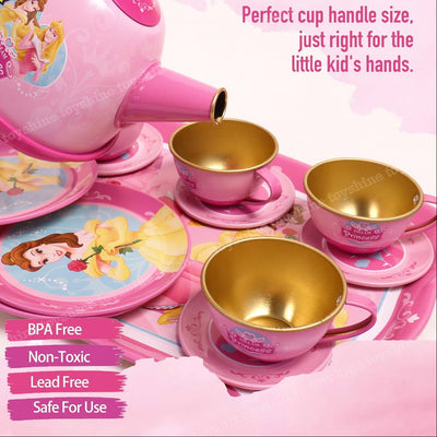 Fidtoy Metal Tea Party Set for Kids Pink Pretend Play Kitchen Tea Set with Teapot Cups Saucers and Tray