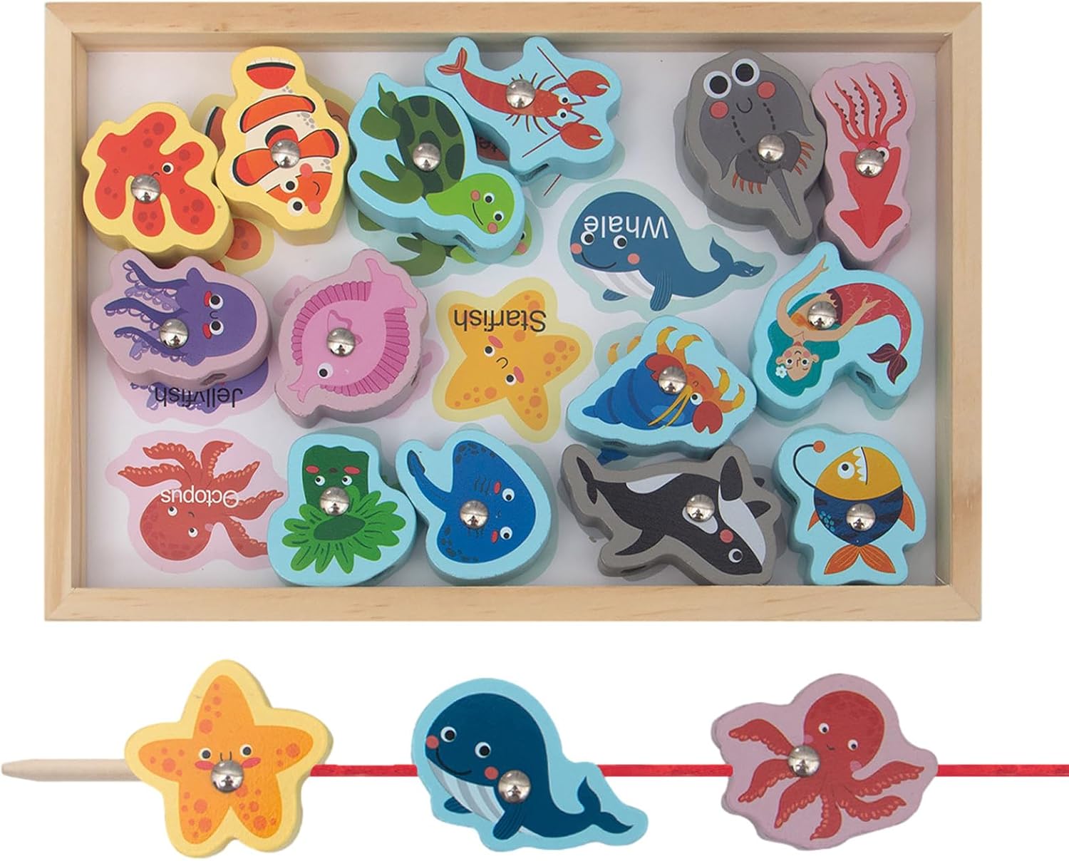 SCOOVY Magnetic Fishing Game, Wood Children's 2 in 1 Fishing Game, Safe Wooden Fishing Games with Vivid Fishes, Educational Roddlers Fishing Game for Kids Home Outdoor Indoor