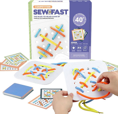 Fidtoy Rope-Wearing Double Player Pattern Card Game for Kids Ages 3-6, Lacing Board Game with 40 Pattern Cards, Colorful Ropes, Fine Motor Skill Practice and Family Tabletop Play