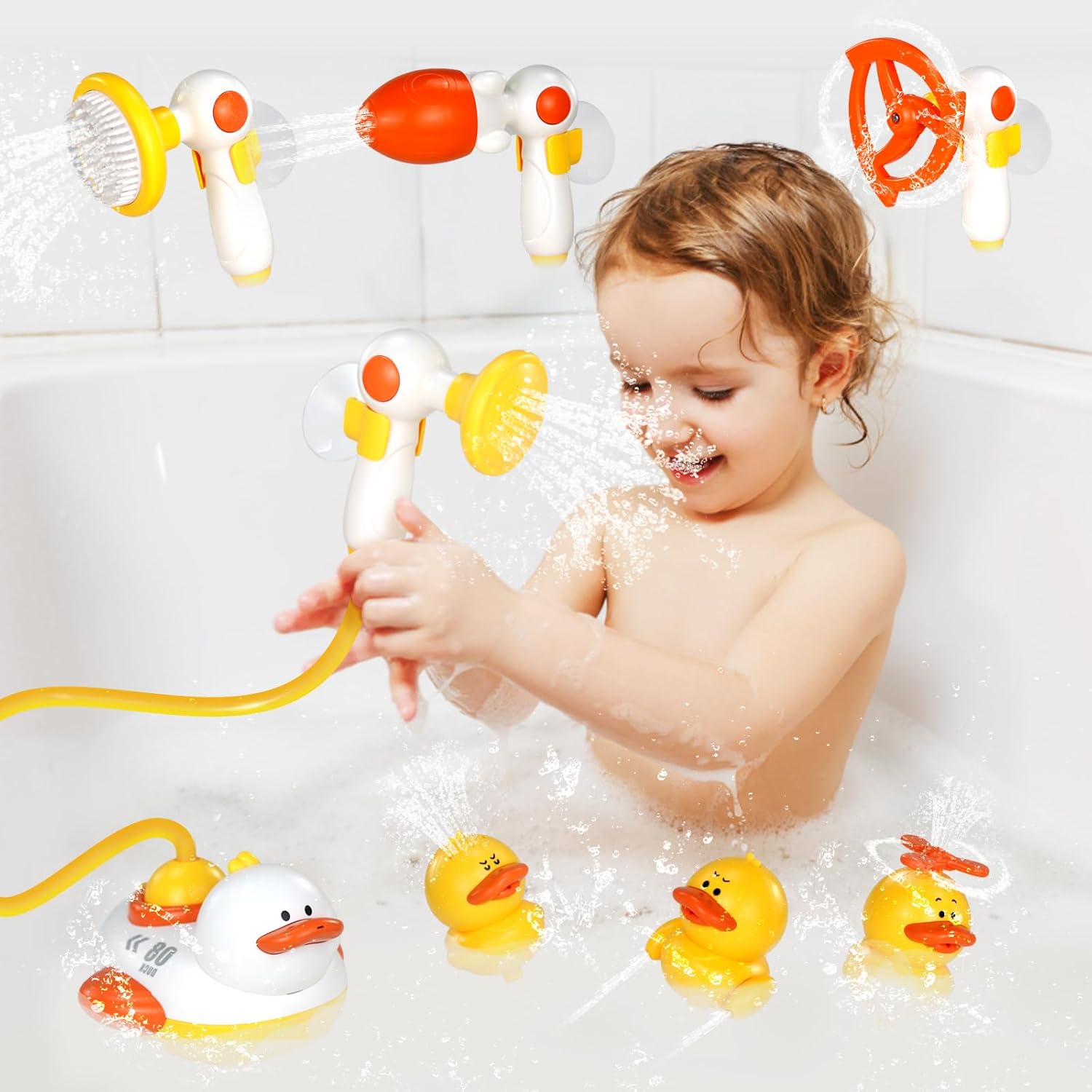 Fidtoy Duck Bath Toy Set with Spray Ducks and Shower Heads