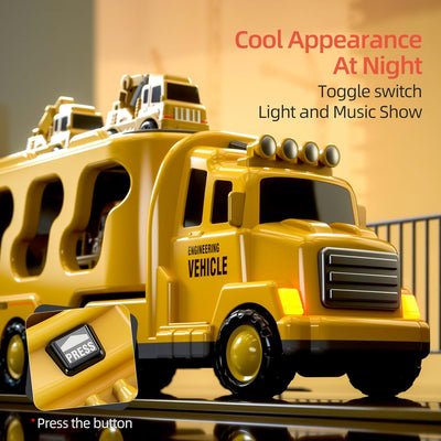 Fidtoy 5-in-1 Construction Truck Toy Set for Toddlers with Lights Sounds Excavator Bulldozer Crane