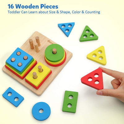 Fidtoy 2 in 1 Geometrical Shapes Learning Four Columns, Wooden Shape Sorting and Stacking Puzzle with 16 Geometric Blocks and Threading Rope Ages 2-6