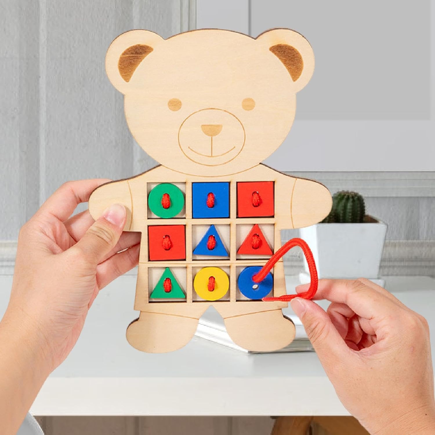 predolo Urso de madeira com botões para amarrar, brinquedo educativo para meninos e meninas.