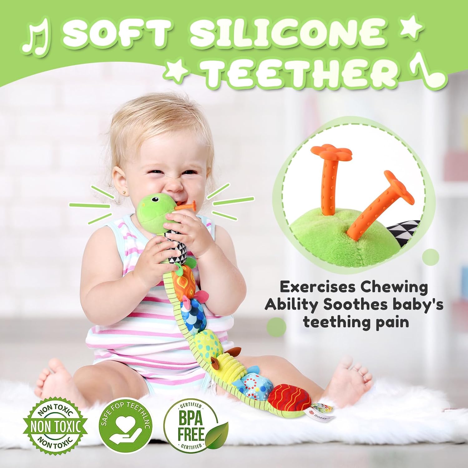 Fidtoy Musical Plush Caterpillar Baby Toy – Soft Sensory Rattle Plush with Crinkle Sounds, Squeak, Bell, Melody, and 22-Inch Growth Measure