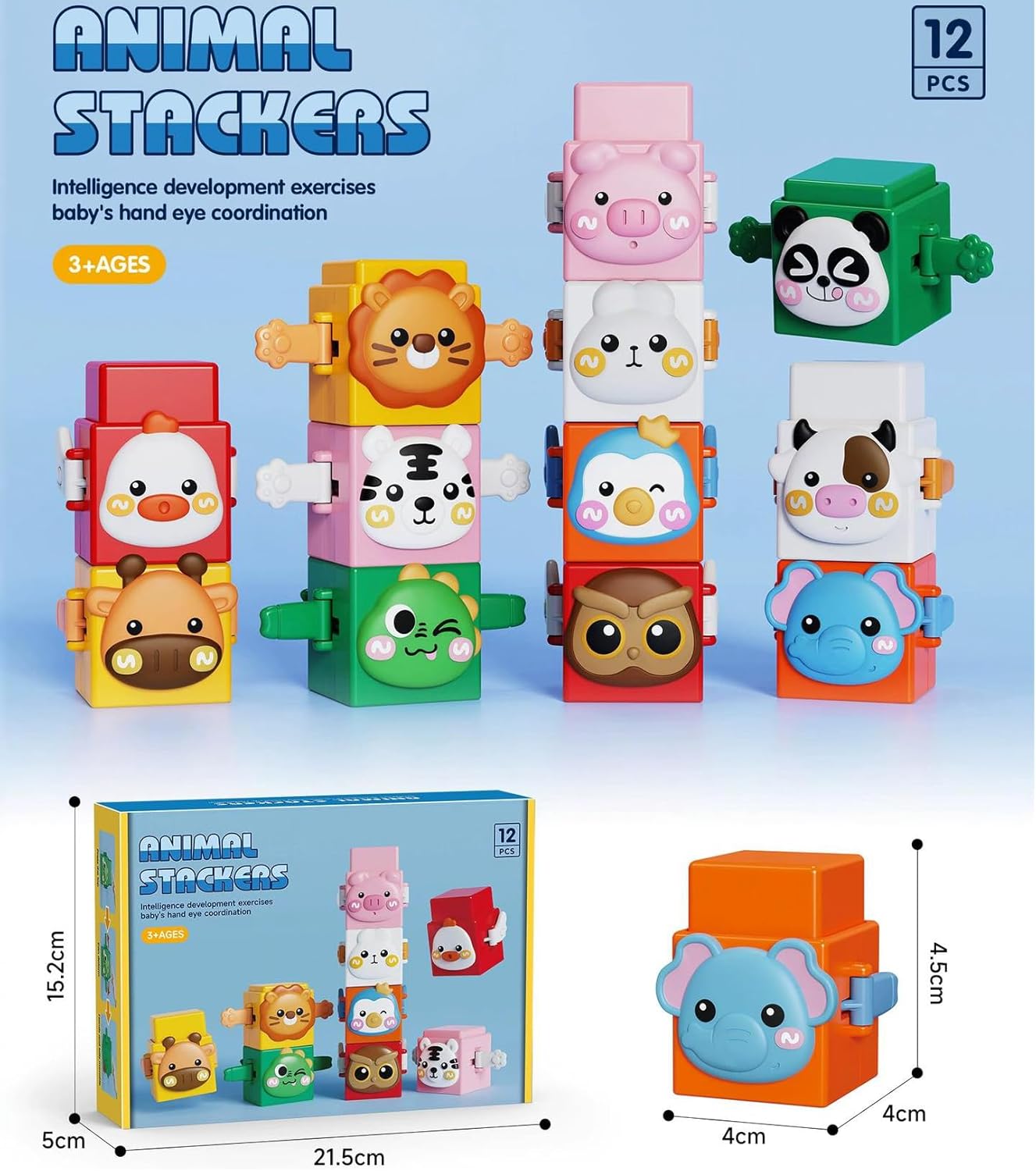Fidtoy Animal Stacking Toy for Toddlers Interactive Learning Toy for 1 2 3 Year Old Kids Fine Motor Skills Early Development Color Recognition Toy