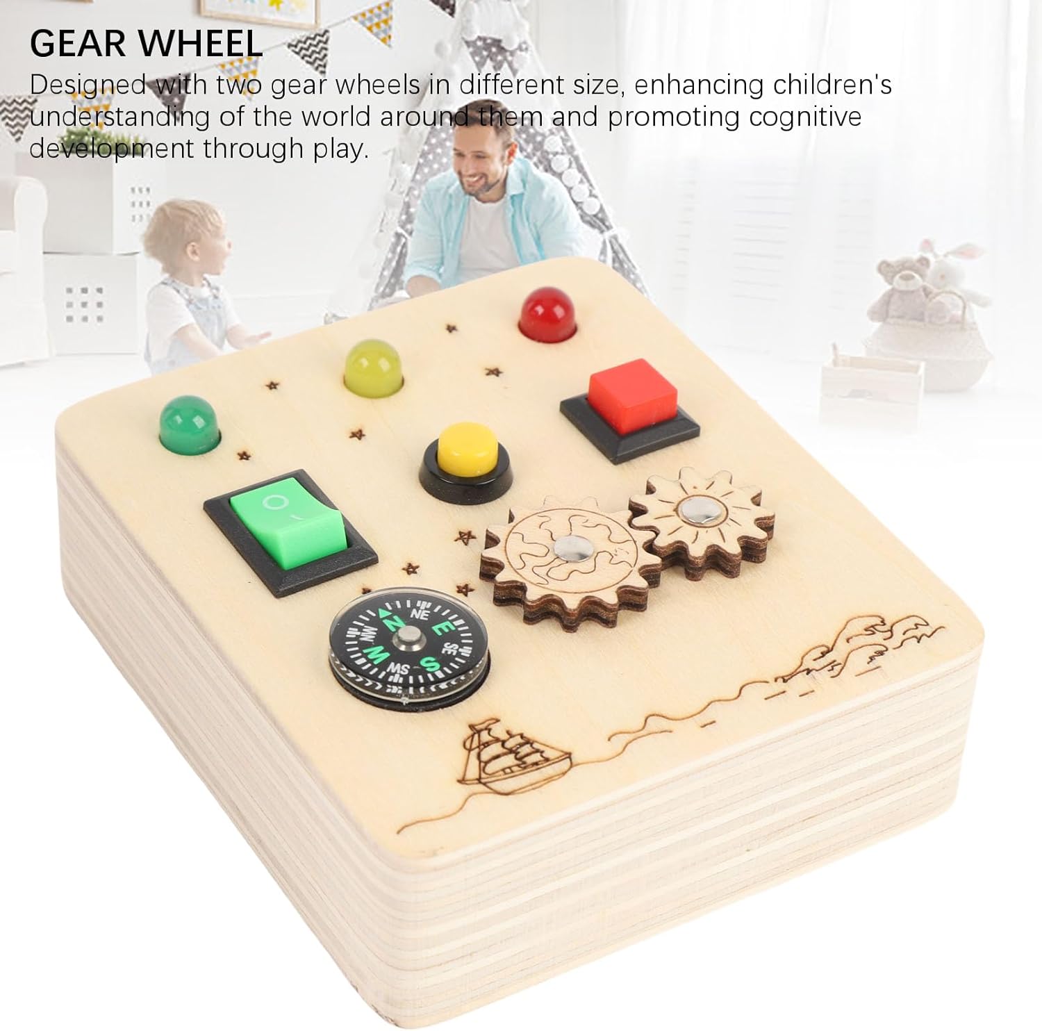 SUNGOOYUE Wooden Sensory Board Game with Light Switch and Gear Wheel Educational Toy for Kids Toddler Early Learning Activity