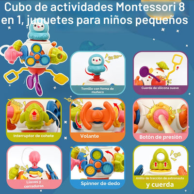 Fidtoy 8-in-1 Multifunctional Space Busy Activity Play Set for Toddlers, Montessori Sensory Activity Cube with Buttons, Gears, Pull Cords and Sliders