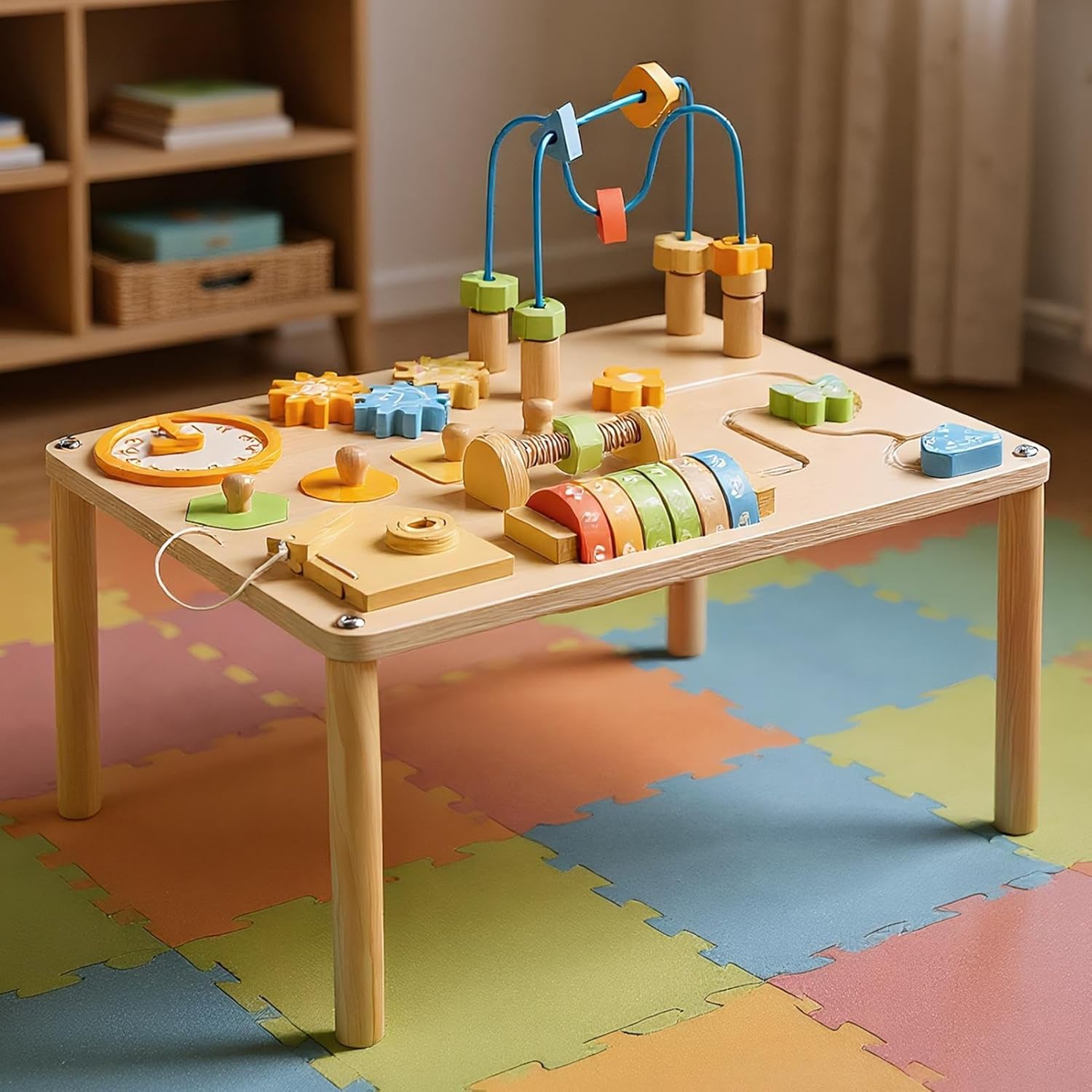 Activity Chart - Wooden Activity Chart | Portable Learning Table | Reusable Educational Wooden Toys with Shape Sorter and Bead Maze for Kids Boys Girl