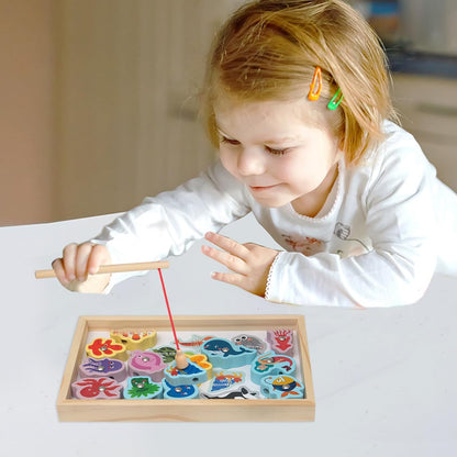 SCOOVY Magnetic Fishing Game, Wood Children's 2 in 1 Fishing Game, Safe Wooden Fishing Games with Vivid Fishes, Educational Roddlers Fishing Game for Kids Home Outdoor Indoor