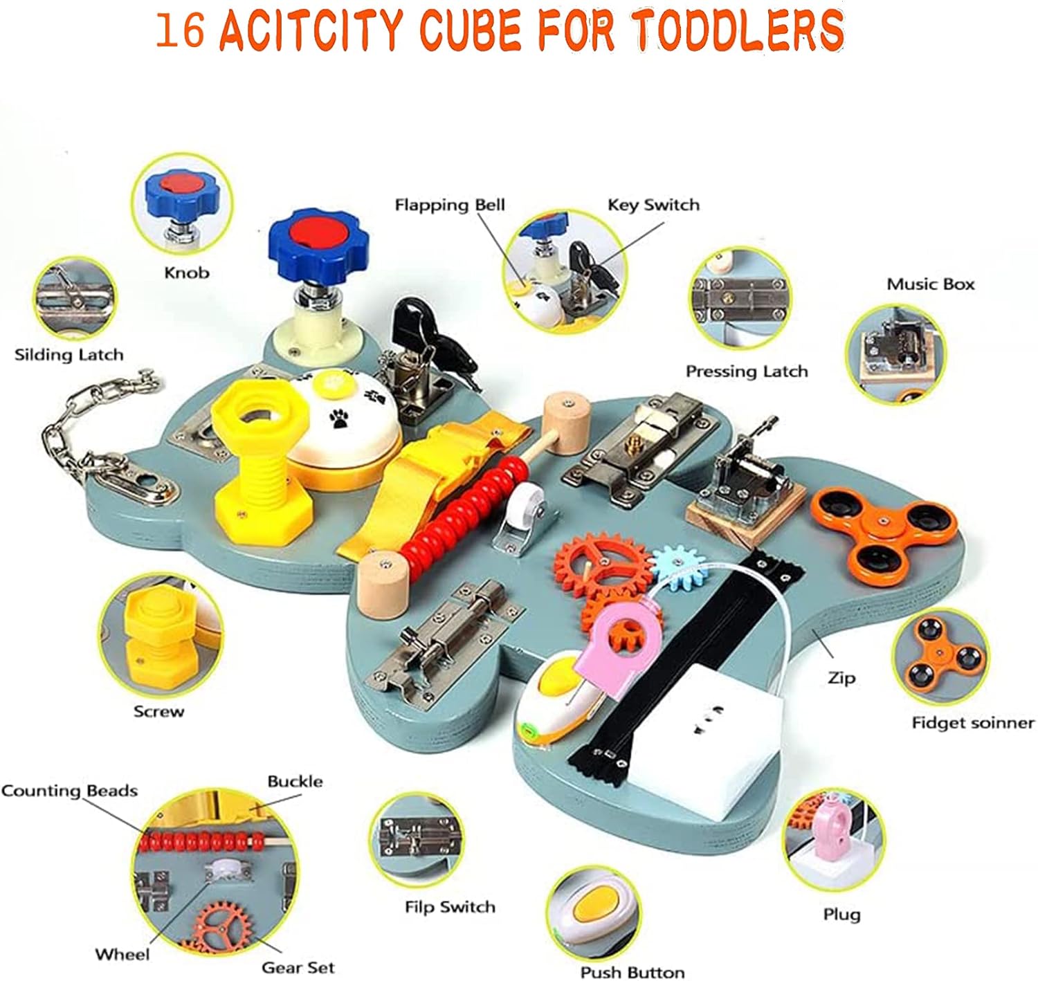 Busy Cube Toddler Busy Board Montessori Toy Wooden Busy Board for 1 2 3 4 5 Year Montessori Toys Fine Motor Skills Activity Board Cube for Toddlers Kids Sensory Board Game Travel Toy (Style 2)