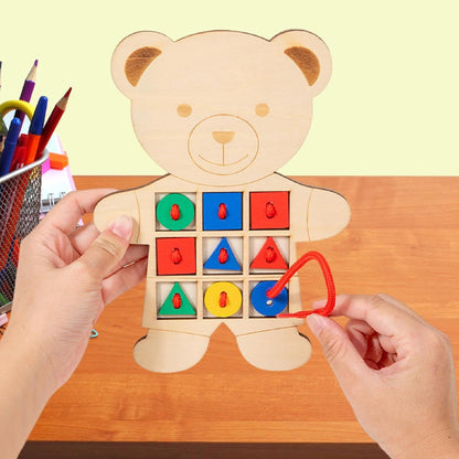 predolo Urso de madeira com botões para amarrar, brinquedo educativo para meninos e meninas.