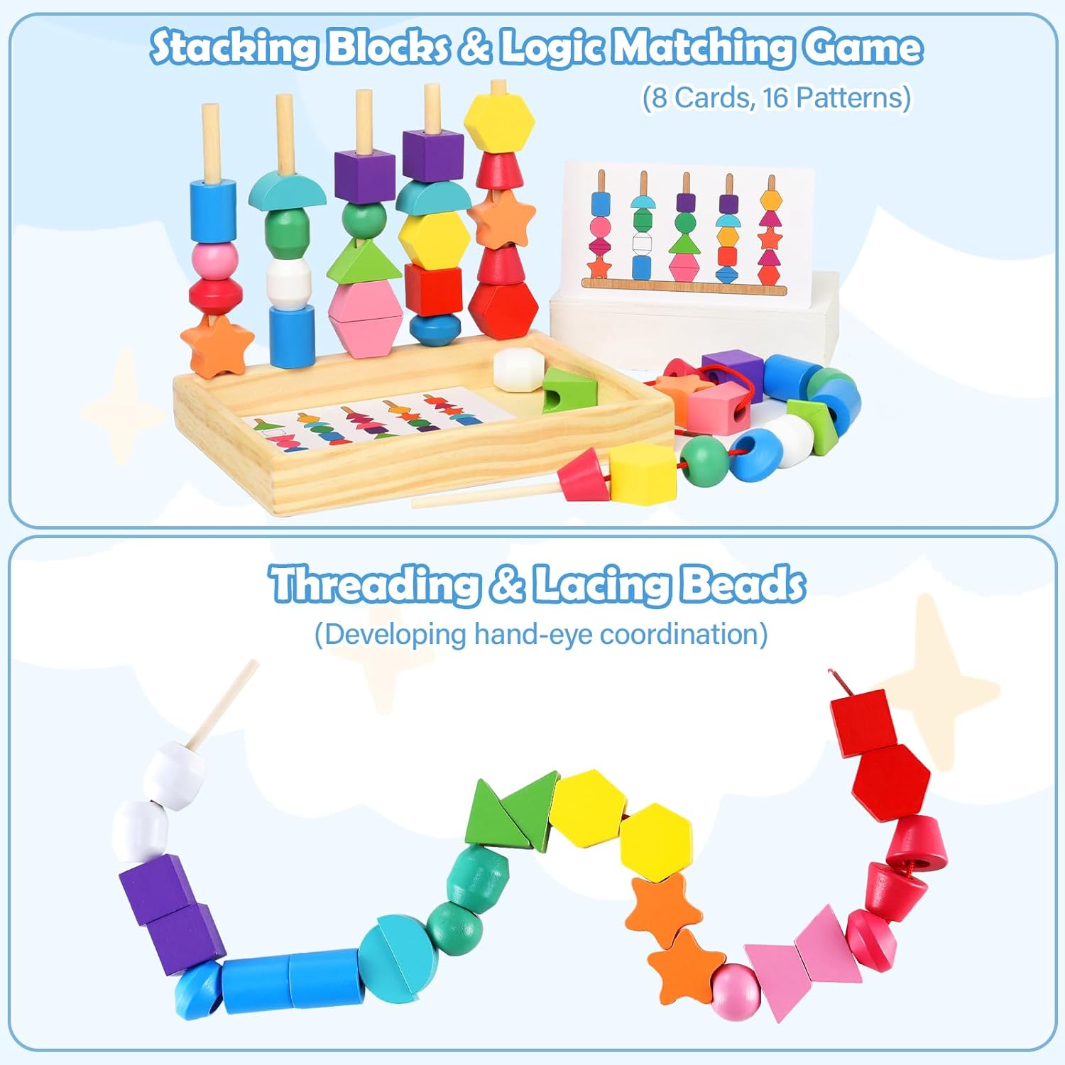 Fidtoy Montessori Shape Matching Game Wooden Sequencing and Threading Toy for Toddlers