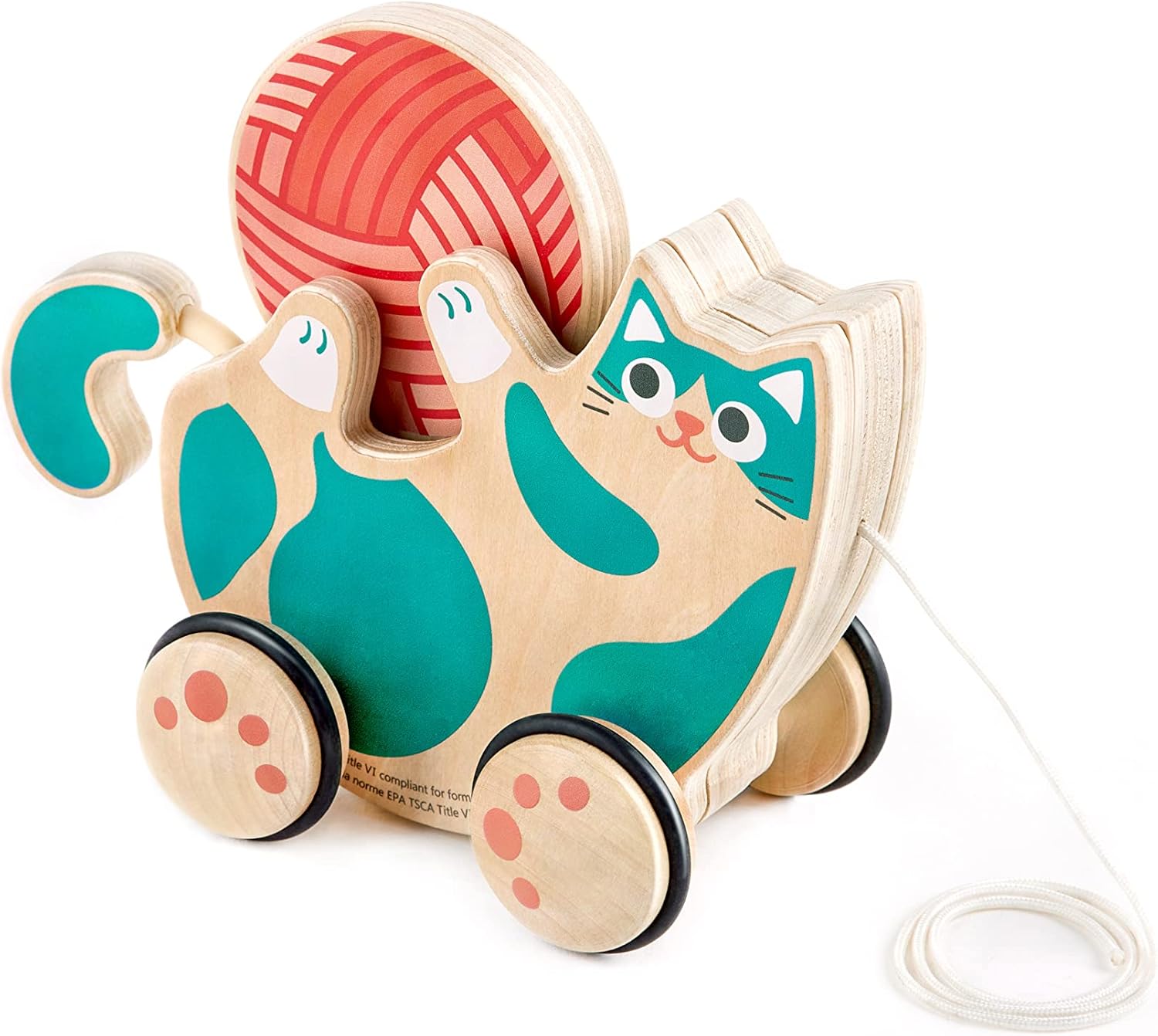 Fidtoy Pull Along Kitten Rattle Toy Wooden Walking Toy for Toddlers