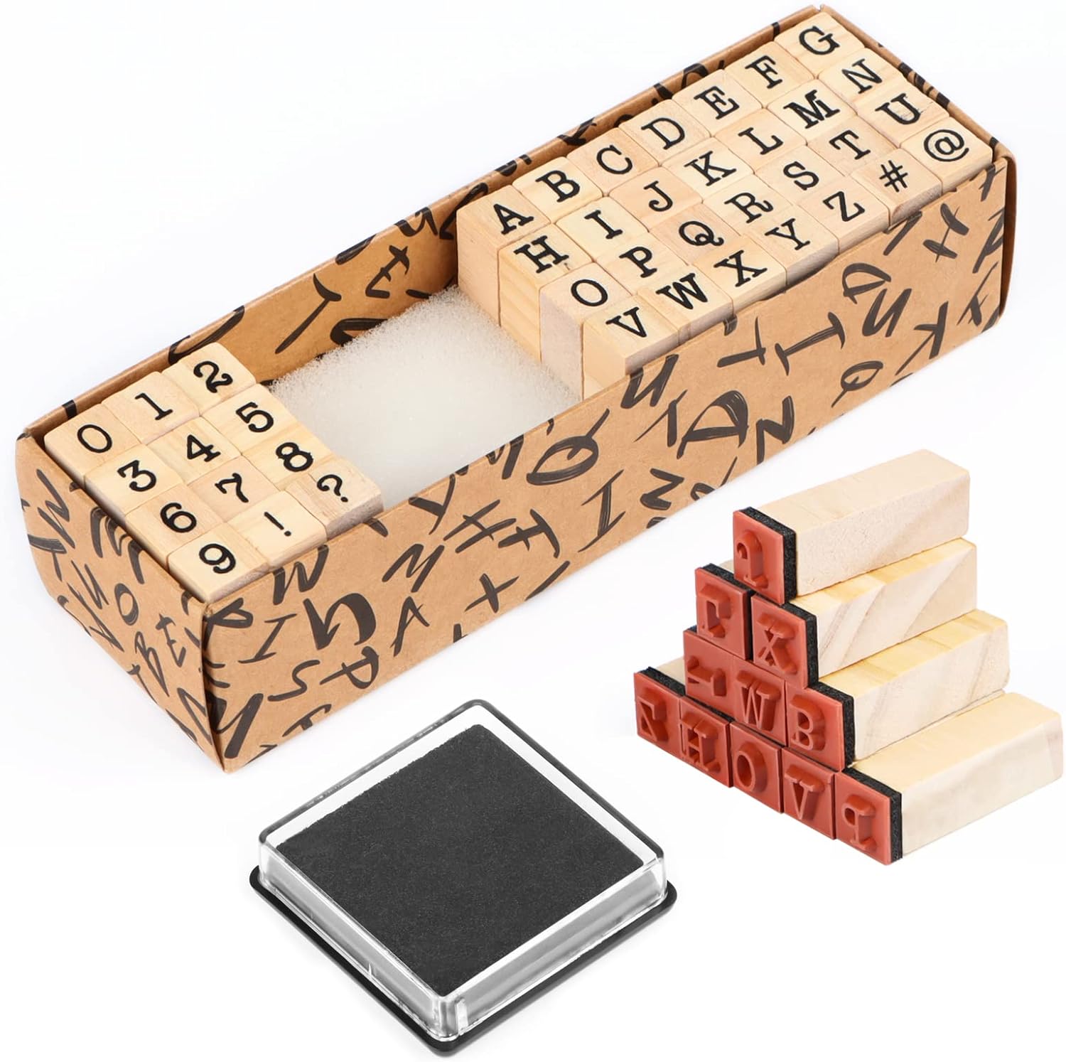 Set de sellos de madera con números y letras y almohadilla de tinta - 40 piezas