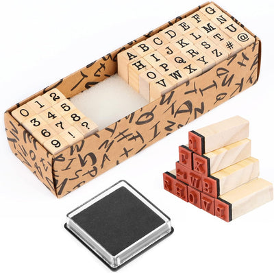 Set de sellos de madera con números y letras y almohadilla de tinta - 40 piezas