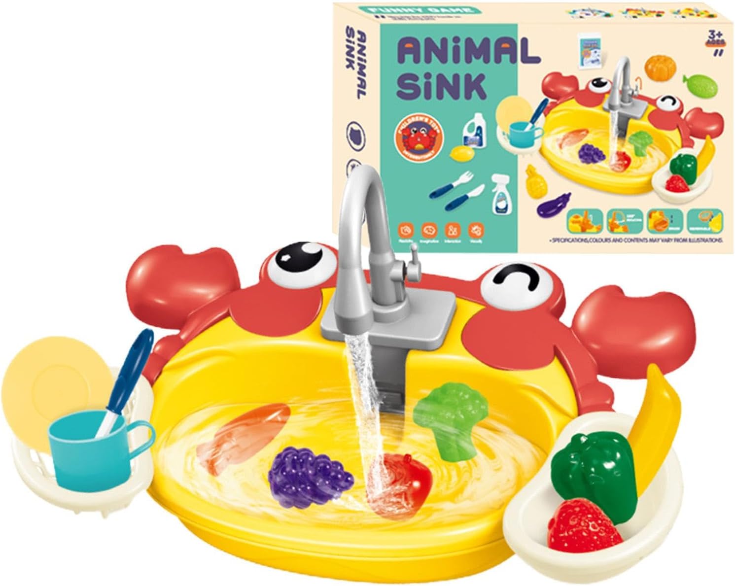 Fidtoy Cute Animal Kitchen Water Sink Pretend Play Set with Running Water Faucet for Kids Ages 3-8, Interactive Kitchen Role Play Toy with Fruits, Vegetables & Draining Basket