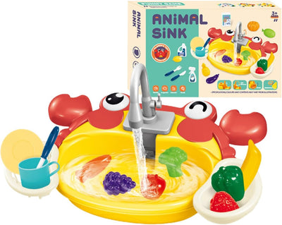 Fidtoy Cute Animal Kitchen Water Sink Pretend Play Set with Running Water Faucet for Kids Ages 3-8, Interactive Kitchen Role Play Toy with Fruits, Vegetables & Draining Basket
