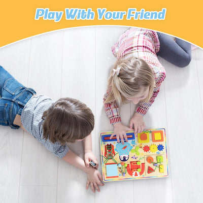 Fidtoy 11 in 1 Montessori Busy Board Toy for Toddlers Wooden Sensory Activity Board with Zippers Buttons Gears Fine Motor Skills Travel Quiet Toy Gift