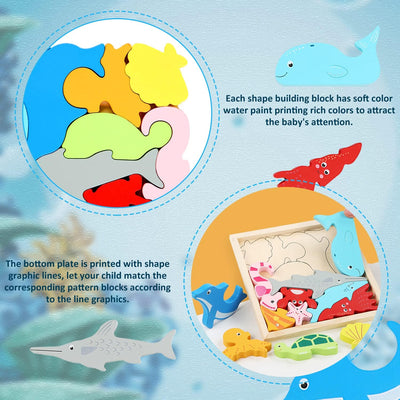Fidtoy Tangram Sea Animals – Montessori Wooden 3D Puzzle for Children