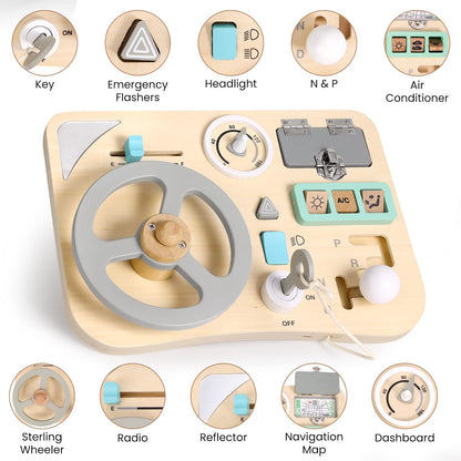 Woodtoe Busy Board for Toddlers, Montessori Steering Wheel Driving Toy, Wooden Sensory Toys, Preschool Learning Activities for Fine Motor Skills Travel, Educational Learning Toy for Kids 3-6 Years Old