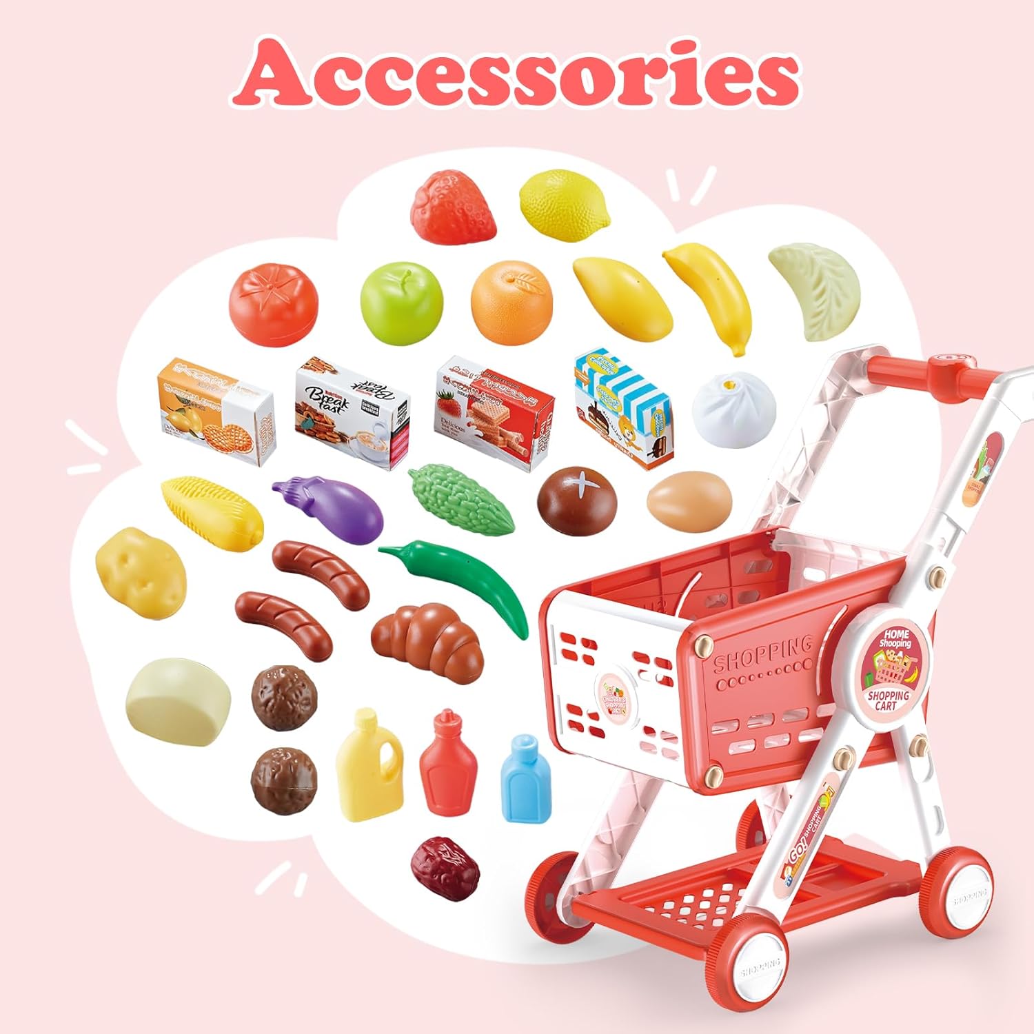 Fidtoy Kids Shopping Cart Toy Set with Pretend Food Accessories Adjustable Supermarket Role Play Cart for Toddlers