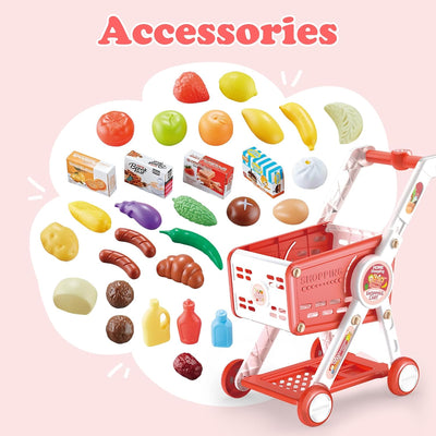 Fidtoy Kids Shopping Cart Toy Set with Pretend Food Accessories Adjustable Supermarket Role Play Cart for Toddlers