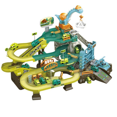 Juego de pistas de construcción de dinosaurios con escalera mecánica motorizada