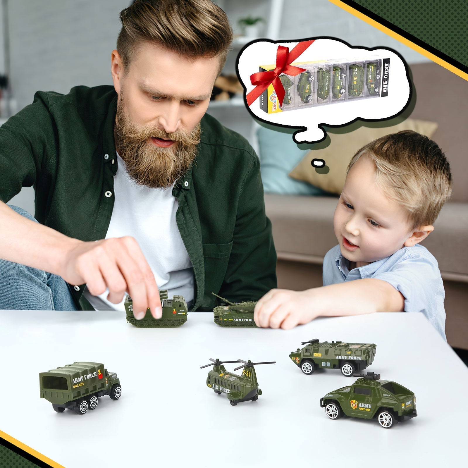 6PCS Diecast Military Vehicles Toy Set – Featuring Mini Tanks, Army Trucks and Helicopter Models for Kids