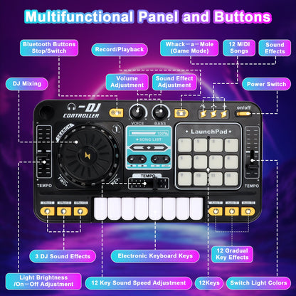 Kids DJ Mixer Music Toy with Microphone DJ Controller with Launchpad, Light-Up Keys, Sound Effects, Bluetooth Function Educational Musical Toy for Boys Girls Ages 3+ Kids Mixer Music Toy