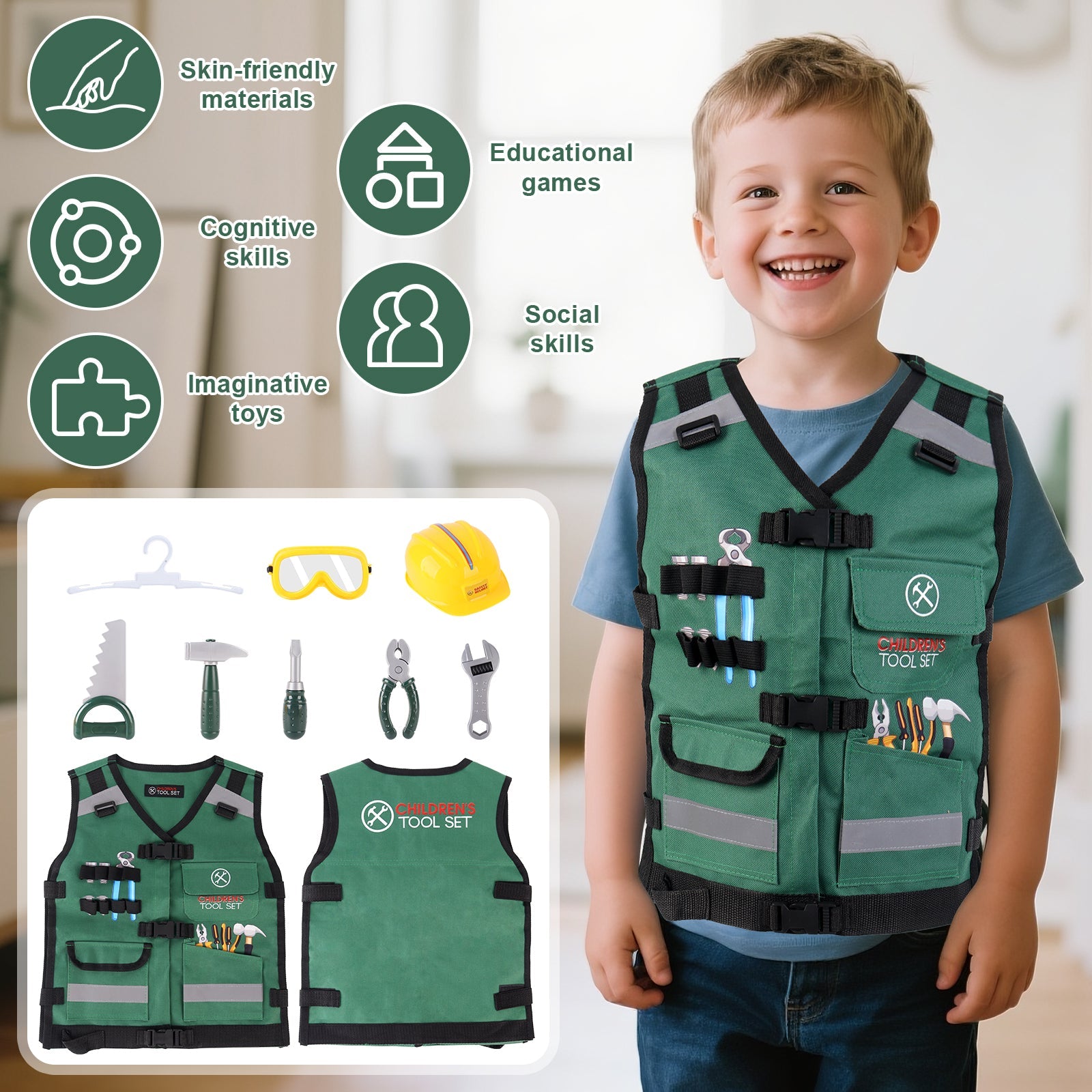 Role Play Clothes Set Construction Role Play Costume Realistic Builder Vest, Safety Helmet, Toy Tools & Accessories- STEM Pretend Play Kit for Boys and Girls Ages 3+ - Dress-Up Gift