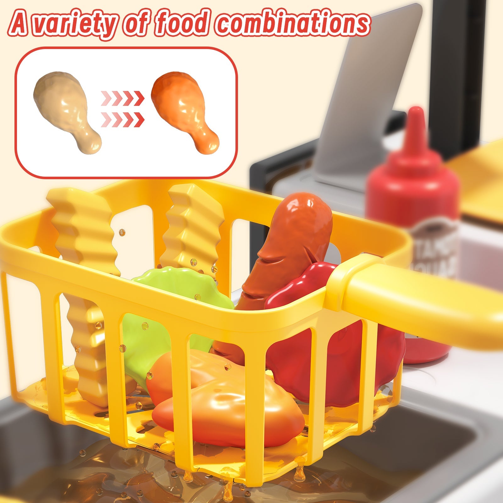 Mini Kitchen Playset Fried Chicken Shop Toy with Color-Changing Food, Burgers, Fries,Cash Register | Pretend Cooking Role Play Set for Kids