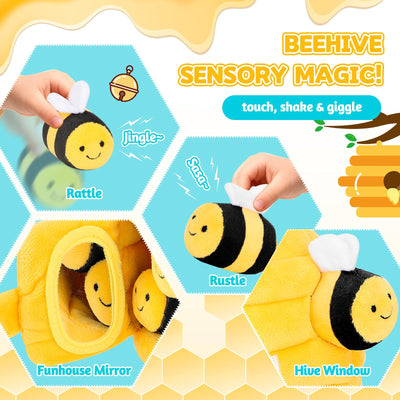 Mon premier coffret de jeu interactif en peluche L'Abeille et sa Ruche - 5 abeilles en peluche et une ruche compressible - Jouet Montessori d'éveil pour bébés et tout-petits de 1 à 3 ans
