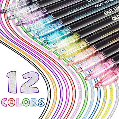 Colorful Outline Gel Markers Non Toxic - 12 Pieces